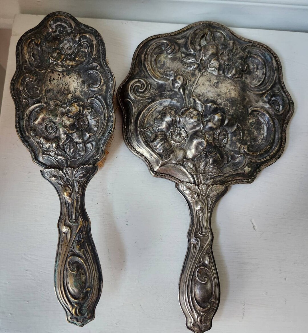 Antique Hand Mirror and Brush Set....vanity Mirror.....very Etsy