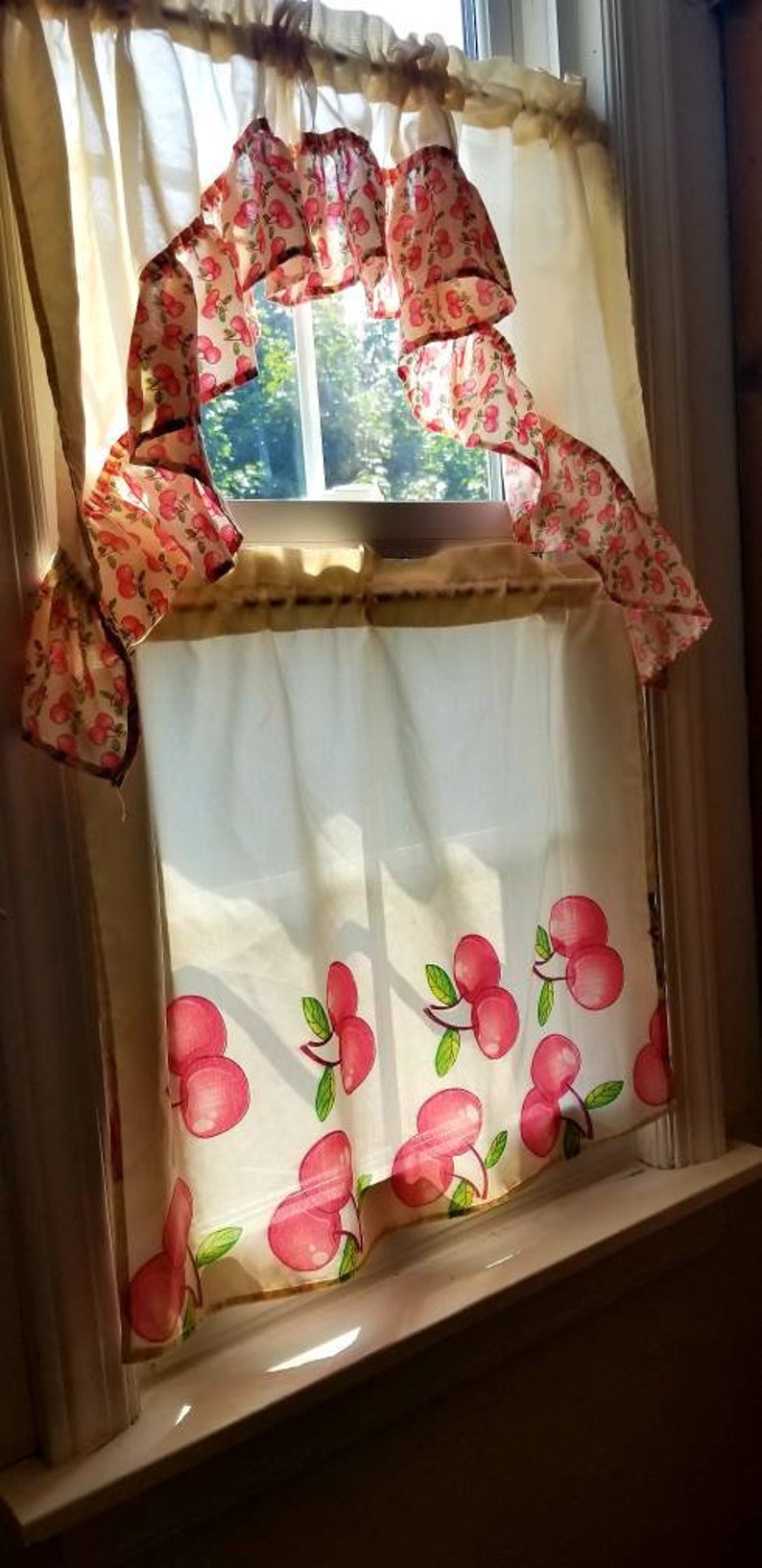 Adorable cherries window treatment...valance plus panel...creamy color background