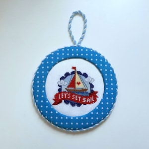 Completed summer cross stitch ornament, Let&#39;s set sail, Sea, Boat cross stitch, Summer house decor, gift idea.
