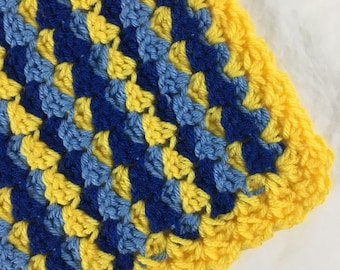 Handmade Crochet Baby Blanket, Blue & Yellow Acrylic Afghan