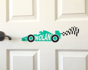 Custom Vinyl Decal - Race Car Checkered Flag - Kids Room Door Wall Above Bed - Personalized Name