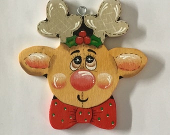 Tole Painted Wood Reindeer Face Ornament