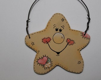 Tole Painted Wood Star Ornament on wire