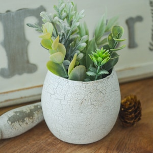 May include: A small, white, cracked ceramic pot filled with assorted green faux succulents. The pot sits on a wooden surface with a decorative wooden piece and a pinecone in the background.