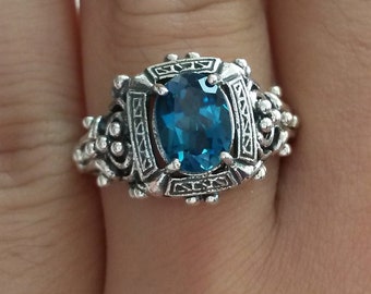 Size 6 8 10 Estate Sterling Silver 925 Cocktail Blue Ocean 1ct Topaz Gem Heart Stunning Filigree Victorian Bead Ball Ring JL441
