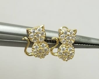 Sale 3/8" Estate 14k Yellow Gold Cat Felix Cz Diamond Studs Earrings GE20-1