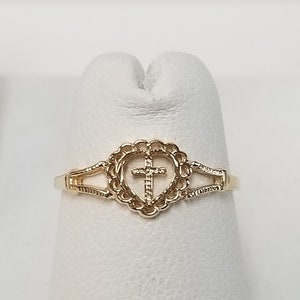 Size 4 New 14k Yellow Gold Heart Cross Bead Ball Filigree Band Ring G5-4