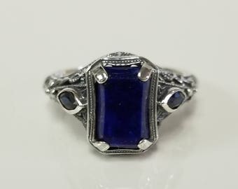 Size 8 Estate 2ct Lapis Lazuli Sterling 925 Silver Sapphire Filigree Ring Flakes of Fool's Gold Emerald Cut Vintage Style MS18