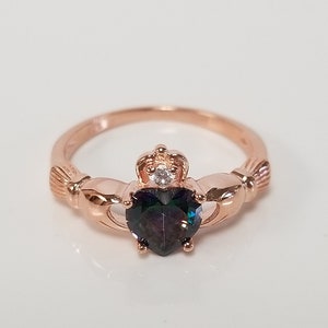 Estate Rose Gold Sterling Silver 925 Rose Gold Heart Mystic .50ct Topaz  Cz Diamond Irish Claddagh Crown Hand Ring Band R99