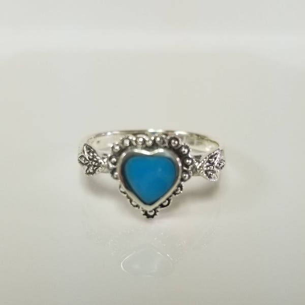 Estate Sterling Silver 925 Blue 1/2ct Turquoise Heart Stone Ring Southwestern Style Navajo Bead Ball R78-1