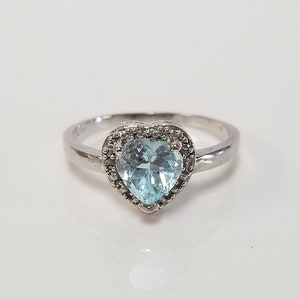 Size 8 Estate 1ct Blue .50ct Topaz Heart Sterling 925 Silver Diamond Ring Band Promise Anniversary Old Stock