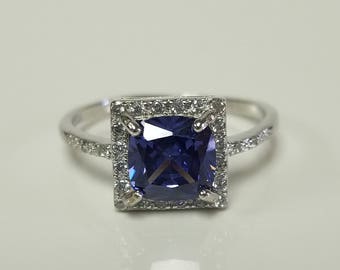 Size 6 Sterling Silver 925 Created 2ct Blue Tanzanite or Sapphire Cz Diamond Princess Cut Ring Promise Birthstone Stunning S20-1