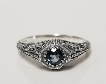 Size 9 or 10 Estate Sterling Silver 925 Natural Blue Aquamarine .25ct Stone Filigree Antique Style Ring Sweetheart MS25-03