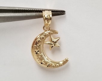 3/4 "Etui 14k Gelbgold Mond Stern Anhänger Charm Jahrestag Geburtstag G359