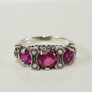 Size 4 7 8 9 10 Estate Sterling Silver 925 Natural Created Pink 1ct Ruby Seed Pearl Filigree Ring Band JL52