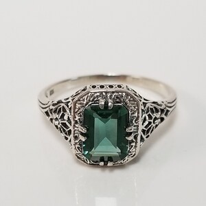 Size 6 7 8.75 Estate Sterling Silver 925 1.5ct Emerald Cut Garnet Tourmaline Antique Ring Band Filigree JL587