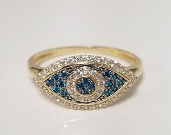 Size 7 Estate 10k Yellow Gold Blue White Ocean .20ct Cz Diamond Evil Eye Ring G534