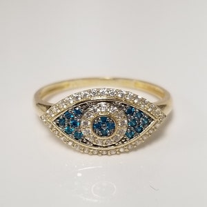 Size 7 Estate 10k Yellow Gold Blue White Ocean .20ct Cz Diamond Evil Eye Ring G534