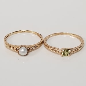 Size 3 Estate 14k Yellow Gold Natural White 3mm Pearl or .10ct Peridot Filigree Ring Band G66