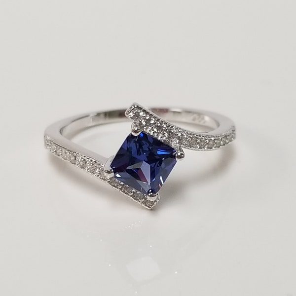 Size 5 6 10 Estate Sterling Silver 925 Created Princess Cut 1ct Tanzanite CZ Diamond Ring R39-14