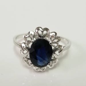 Size 6.5 Estate 9k White Gold Natural 1.5ct Blue Sapphire Filigree Heart Ring Birthday Anniversary RY79