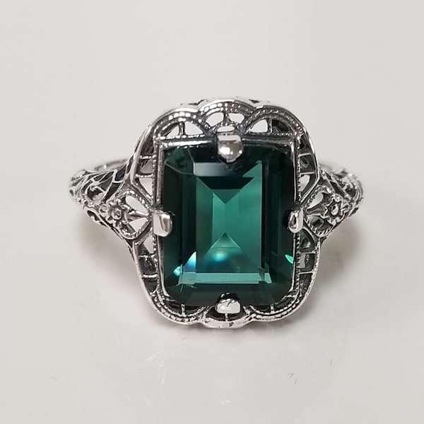 5 or 9 Sale Estate Sterling Silver 925 Created 3ct Emerald Cut Tourmaline Garnet Antique Style Ring Band Filigree JL511