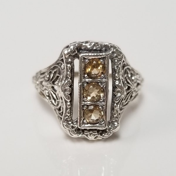 Estate Sterling Silver 925 Natural .30ct Lemon Citrine Filigree Antique Style Ring Sweetheart