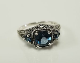 Anneau victorien antique en filigrane en filigrane avec topaze bleue de 1,5 carat, topaze bleue de Londres, succession en argent sterling 925 JL881