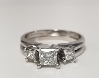 SI2 G Size 7 Estate 14k White Gold .75ct Diamond Princess Cut Ring Engagement Wedding Guard Set GS788-03