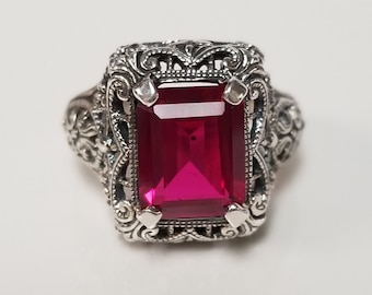 Size 5 Estate Sterling Silver 925 Created Red 3ct Ruby Filigree Antique Ring Stunning JL51