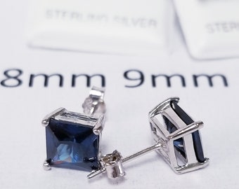 4mm 5mm 6mm 7mm Estate Sterling Silver 925 Created Blue Sapphire Earrings Studs Stud 2ct 3ct 4ct 5ct 6ct E36-2