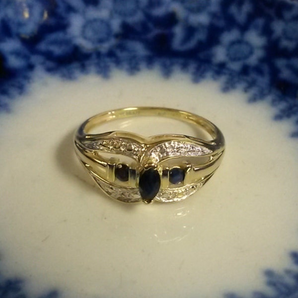 Sale Size 6 Estate 10k Yellow Gold Natural Genuine .25ct Sapphire Diamond Accent Ring Anniversary Cocktail 1/3ct GS568