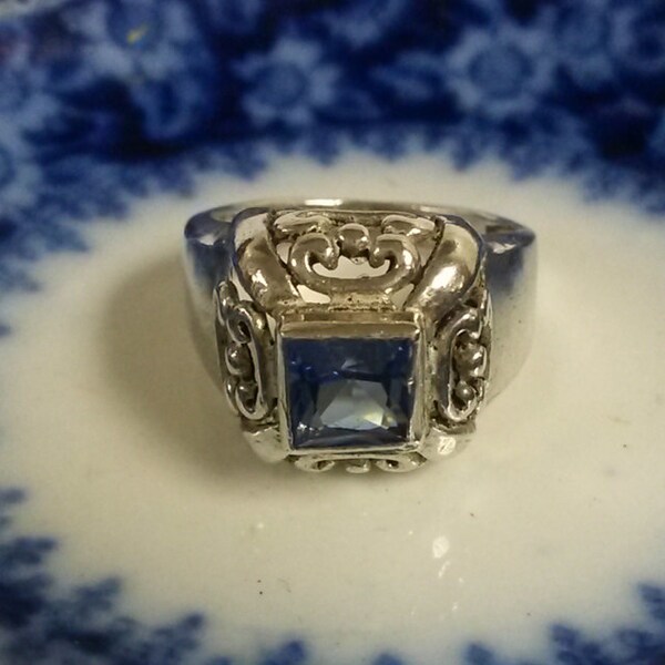 Size 6.5 Sterling Silver 925 Cocktail Created Blue 1ct Sapphire Tanzanite Stunning Filigree