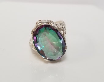 Estate Sterling Silver 925 Rainbow 3ct Mystic Blue Alexandrite Emerald Cut Filigree Vintage Style Ring Cocktail Pinky Birthstone JL88-01