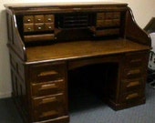 Estate Antique 1900 39 s Raised Panel Tiger Oak Roll Top Gunn Desk File Cabinet