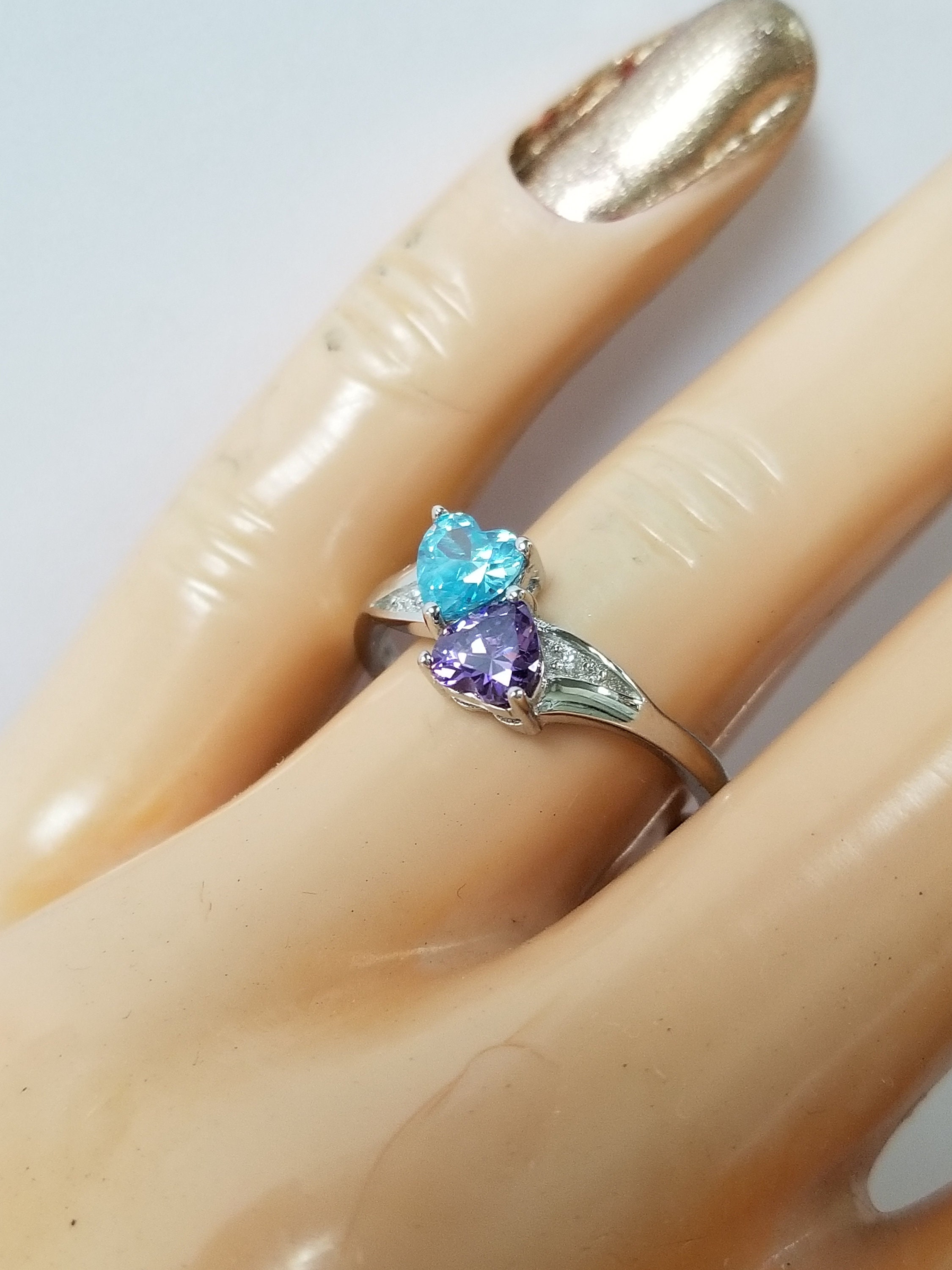 Estate Sterling Silver 925 .50ct Topaz Amethyst Double Hearts Ring