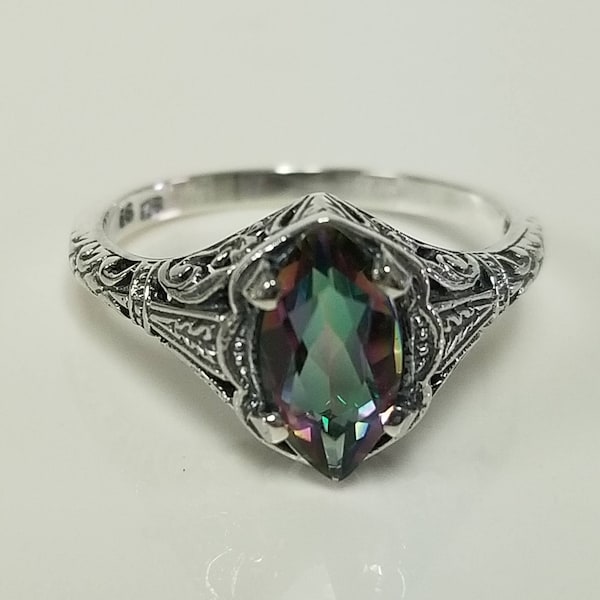 Size 10 Estate Sterling Silver 925 Rainbow 1ct Mystic Topaz Ring Cocktail Filigree JL487