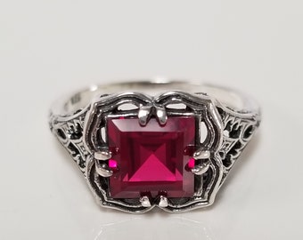 Estate Sterling Silver 925 Red 2ct Ruby Filigree Antique Ring Stunning Vintage Style JL476