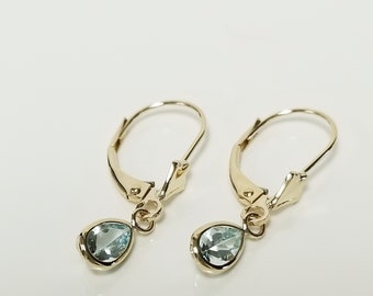 7/8" Estate 14k Yellow Gold Natural Tear Drop Pear .50ct Aquamarine Dangle Lever Back Earrings .50ct G457