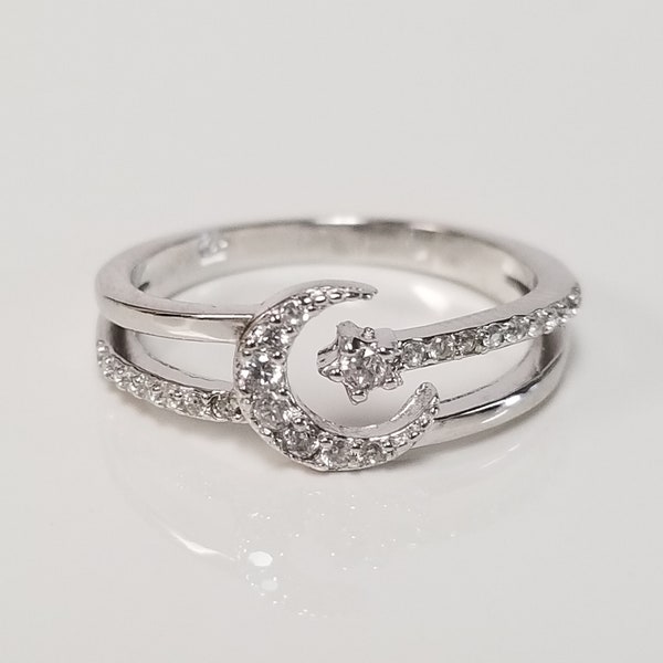 Estate Sterling Silver 925 Crescent Infinity Moon Star Cz Diamond Ring Space Band Moon Stars R88-2