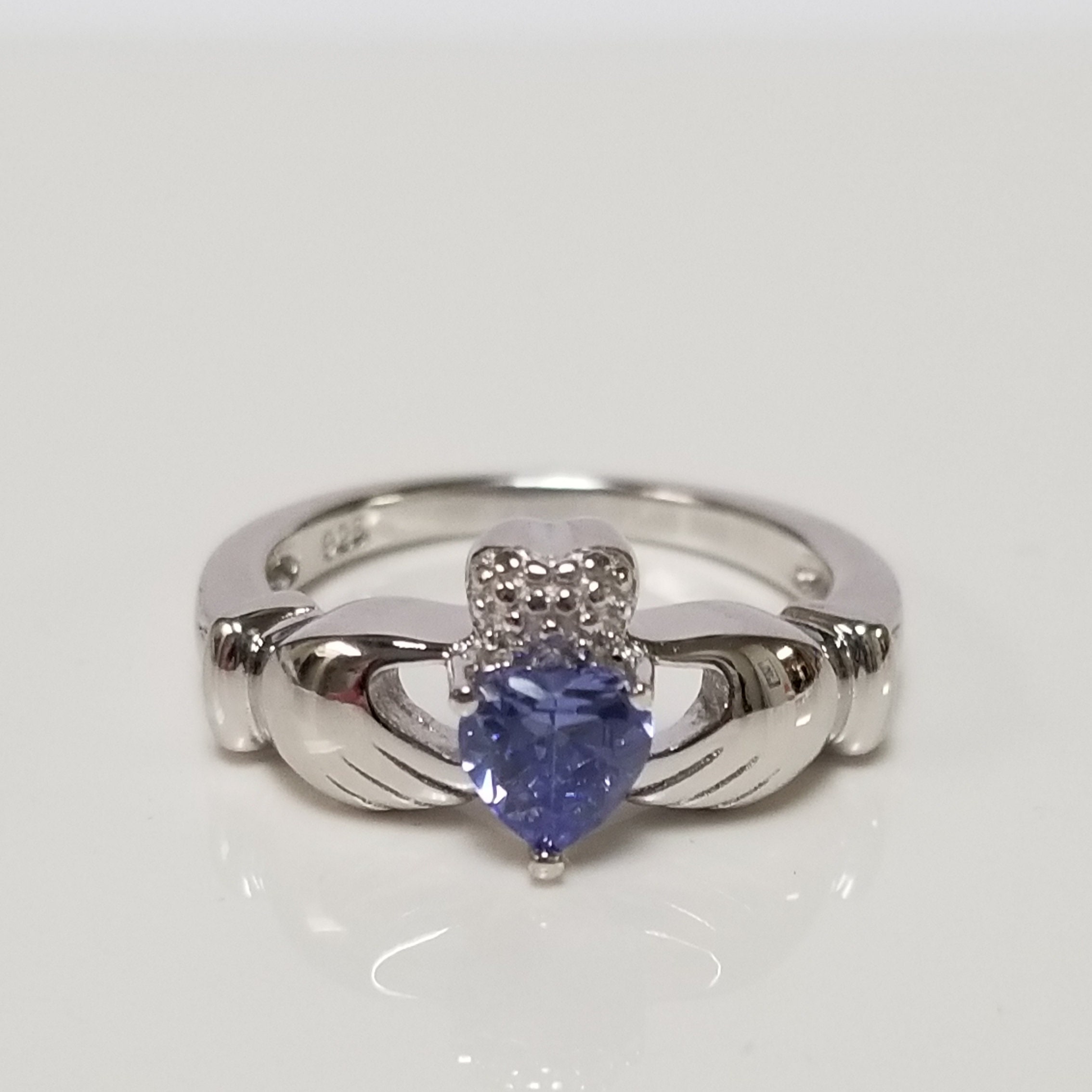 Estate Sterling Silver 925 Heart .50ct Tanzanite Irish Claddagh Crown Hand Ring Band R34, image size:2268x2268