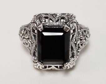 Anillo de filigrana de ónix negro de 3 ct en plata esterlina 925 de estilo antiguo con corte esmeralda JL485, talla 5, 6, 7, 8 o 9