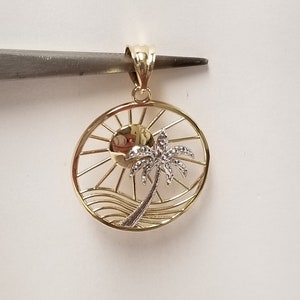Sale 1&quot; Estate 14k Yellow White Gold Sun Beach Sand Palm Tree Pendant Charm Ocean Diamond Cut G422