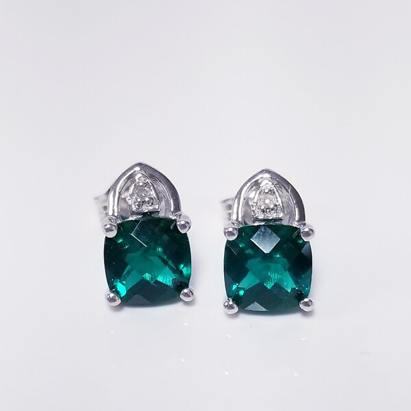 Sale 9mm 3/8" Estate 10k White Gold Created 1.5ct Emerald Stone .02ct Diamond Earrings Studs BC190