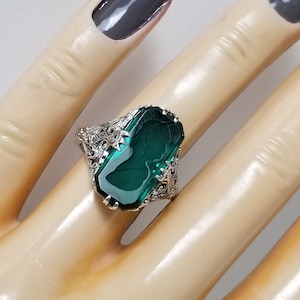 Size 7 8 or 9 Estate Silver Sterling 925 Green 5ct Emerald Filigree Crystal Reverse Cameo Cocktail Pinky Ring Band MS14-02
