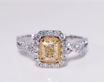 Genuine Size 6.5 Estate 14k Yellow White Gold Natural Canary Emerald Cut 1ct Yellow White Diamond Engagement Wedding Ring DFJ49