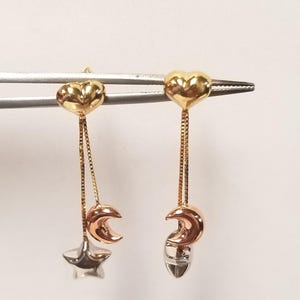 1.25&quot; Estate New 14k Yellow White Rose Gold Crest Moon Star Heart Puffed Cut Dangle Art Deco Style Sun Starburst Earrings Studs G582