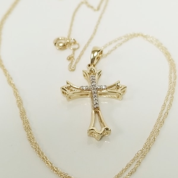 18" Estate 10k Yellow White Gold .05ct Diamond Cross Pendant Singapore Chain Necklace Anniversary Birthday Baptism BC101