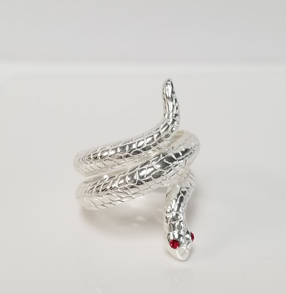 Estate Sterling Silver 925 Red Garnet Eyes Snake Ring Cobra