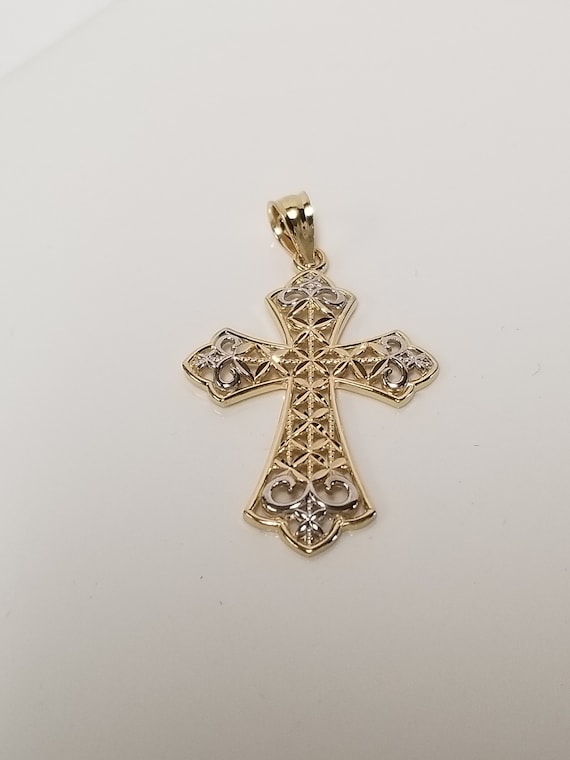 1.25" Estate 14k Yellow White Gold Cross Love God… - image 2